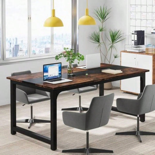 63 Large Modern Computer Desk Home Office - Heavy Duty Writing Table with Steel Frame, Industrial Workstation with Spacious Desktop Adjustable Feet, Rustic Brown Black