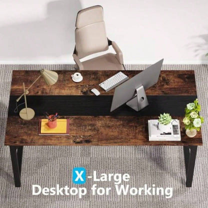 63 Large Modern Computer Desk Home Office - Heavy Duty Writing Table with Steel Frame, Industrial Workstation with Spacious Desktop Adjustable Feet, Rustic Brown Black