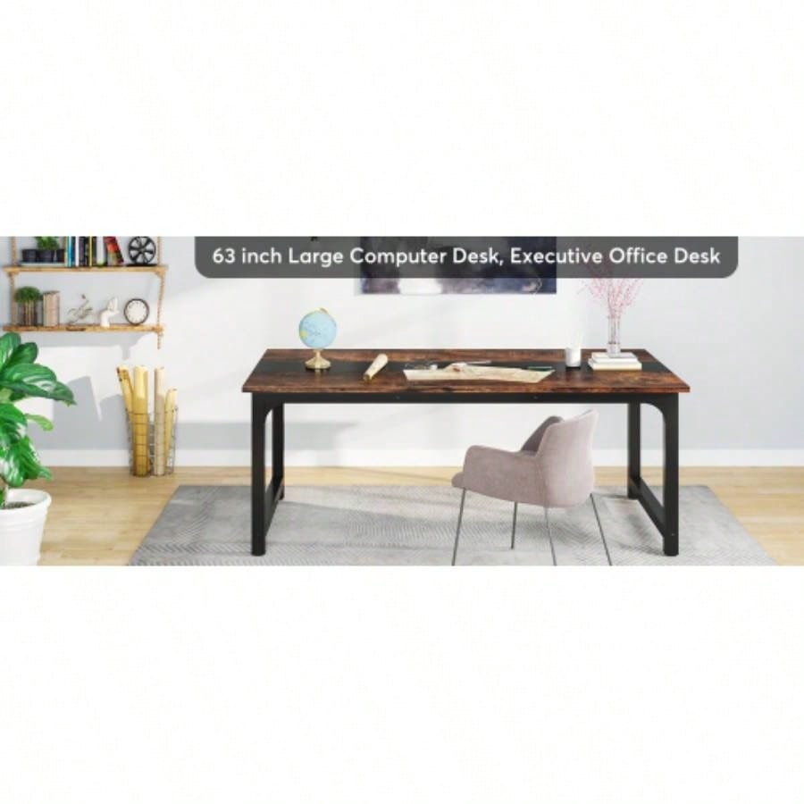 63 Large Modern Computer Desk Home Office - Heavy Duty Writing Table with Steel Frame, Industrial Workstation with Spacious Desktop Adjustable Feet, Rustic Brown Black