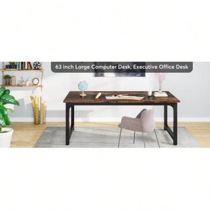 63 Large Modern Computer Desk Home Office - Heavy Duty Writing Table with Steel Frame, Industrial Workstation with Spacious Desktop Adjustable Feet, Rustic Brown Black