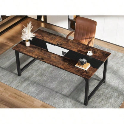 63 Large Modern Computer Desk Home Office - Heavy Duty Writing Table with Steel Frame, Industrial Workstation with Spacious Desktop Adjustable Feet, Rustic Brown Black