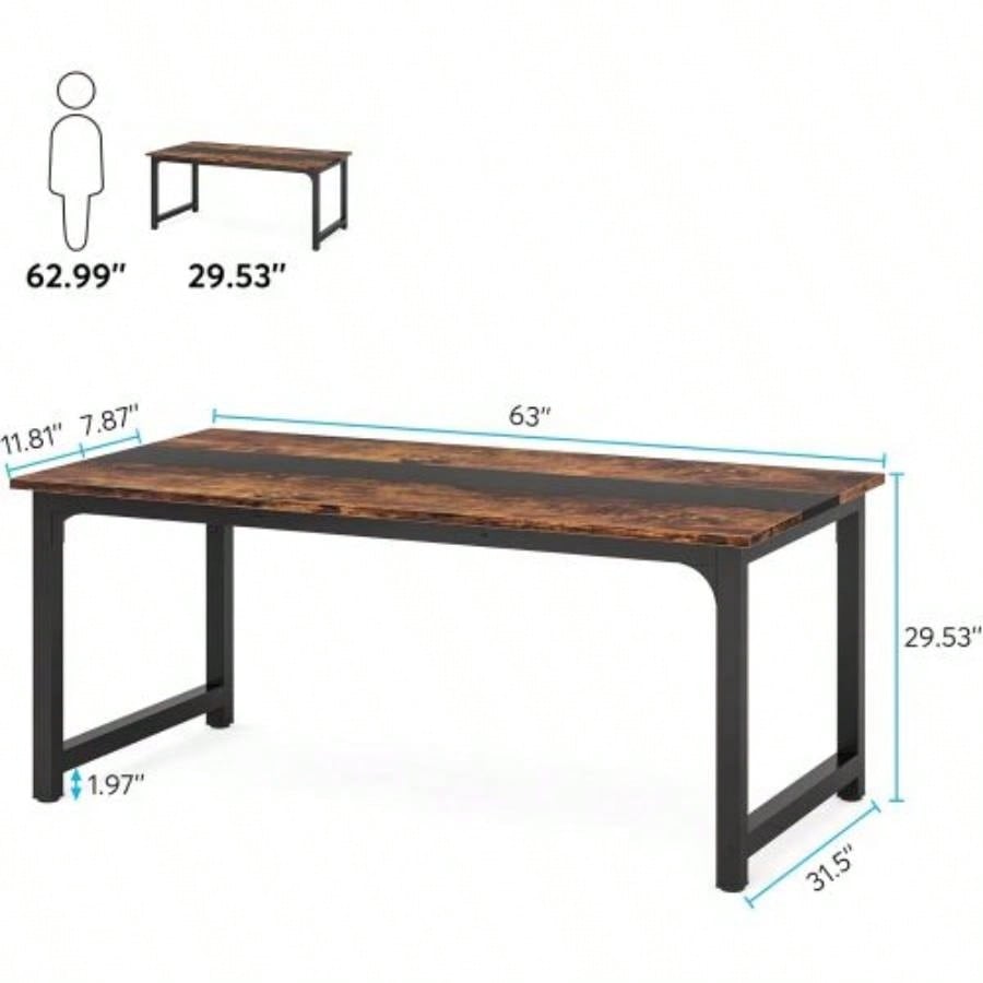 63 Large Modern Computer Desk Home Office - Heavy Duty Writing Table with Steel Frame, Industrial Workstation with Spacious Desktop Adjustable Feet, Rustic Brown Black