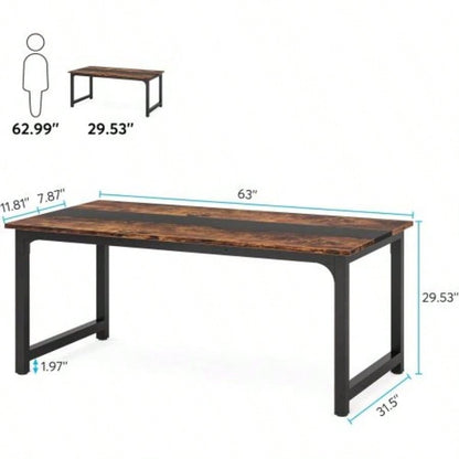 63 Large Modern Computer Desk Home Office - Heavy Duty Writing Table with Steel Frame, Industrial Workstation with Spacious Desktop Adjustable Feet, Rustic Brown Black