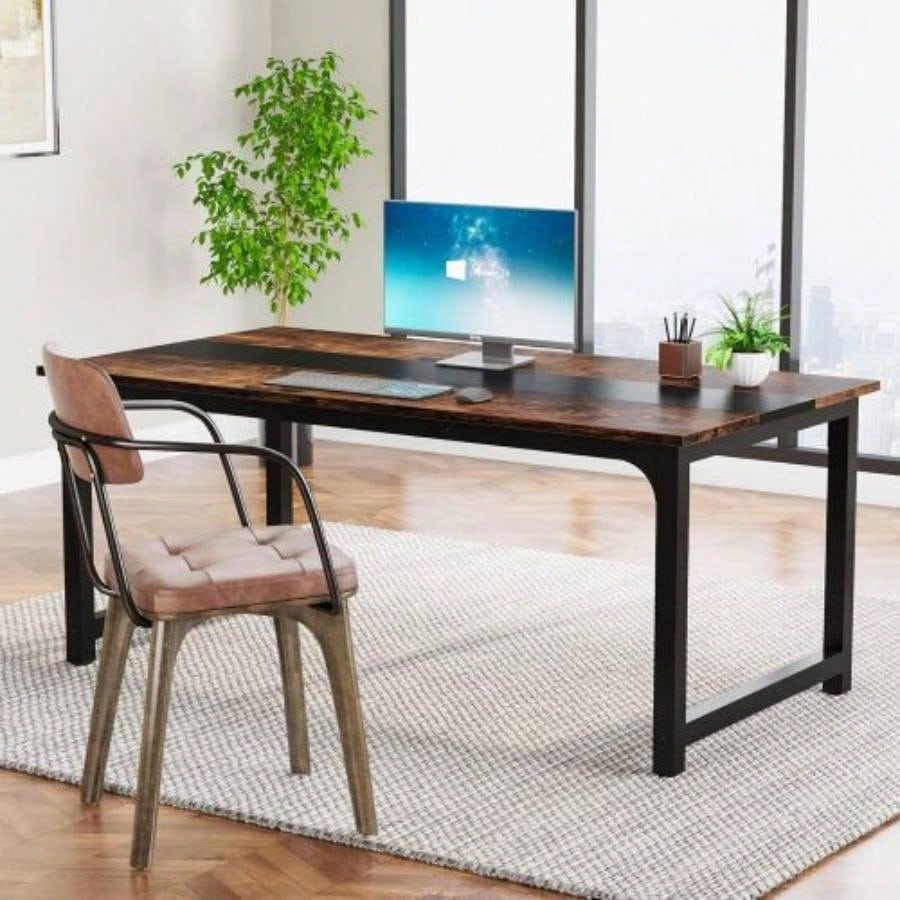 63 Large Modern Computer Desk Home Office - Heavy Duty Writing Table with Steel Frame, Industrial Workstation with Spacious Desktop Adjustable Feet, Rustic Brown Black