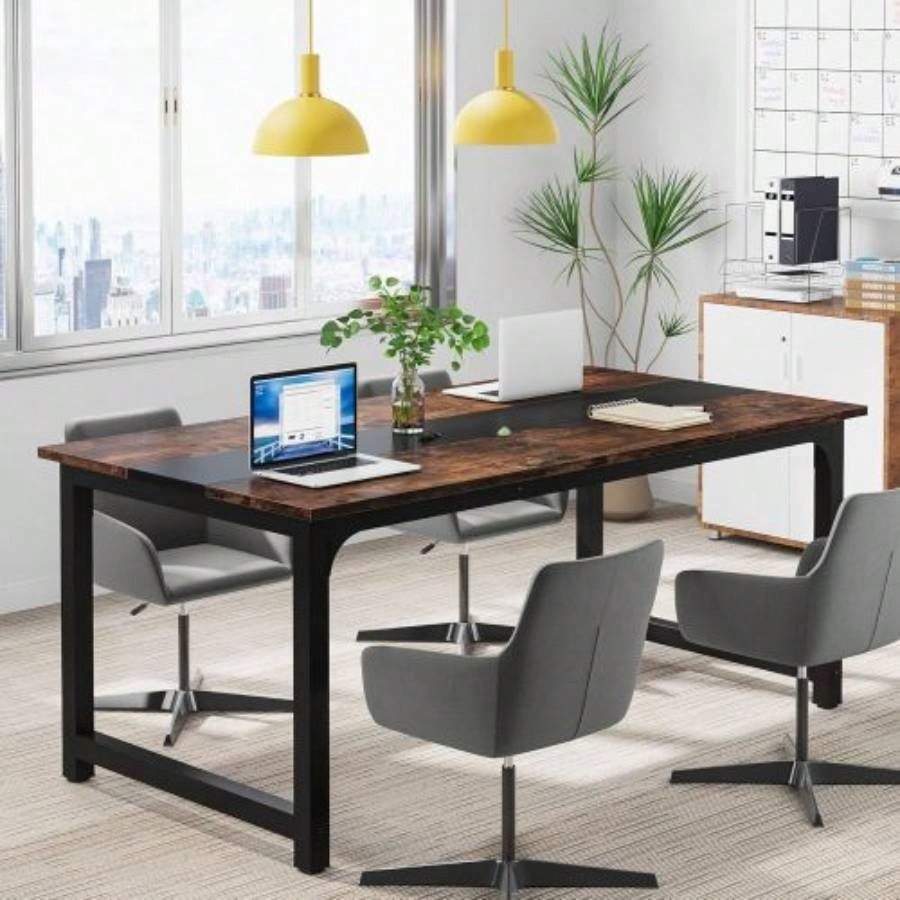 63 Large Modern Computer Desk Home Office - Heavy Duty Writing Table with Steel Frame, Industrial Workstation with Spacious Desktop Adjustable Feet, Rustic Brown Black
