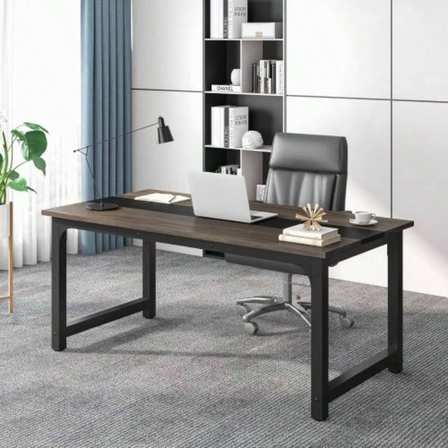 63 Large Modern Computer Desk Home Office - Heavy Duty Writing Table with Steel Frame, Industrial Workstation with Spacious Desktop Adjustable Feet, Rustic Brown Black