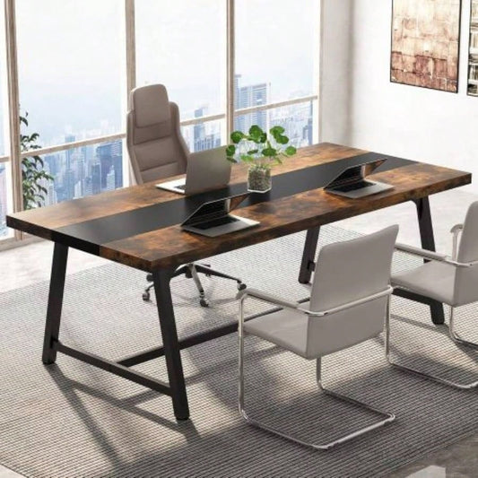 70.87 Modern Rectangular Conference Table 6 - 8 People, Office Executive Desk with Durable Metal Frame, Large Work Surface Boardroom Collaboration - Rustic Brown Black