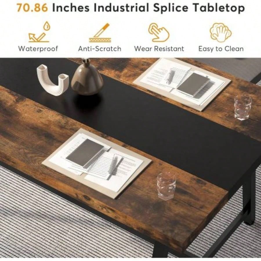 70.87 Modern Rectangular Conference Table 6 - 8 People, Office Executive Desk with Durable Metal Frame, Large Work Surface Boardroom Collaboration - Rustic Brown Black