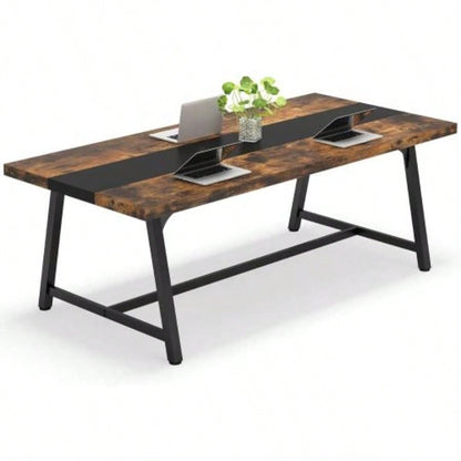 70.87 Modern Rectangular Conference Table 6 - 8 People, Office Executive Desk with Durable Metal Frame, Large Work Surface Boardroom Collaboration - Rustic Brown Black