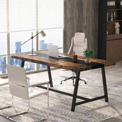 70.87 Modern Rectangular Conference Table 6 - 8 People, Office Executive Desk with Durable Metal Frame, Large Work Surface Boardroom Collaboration - Rustic Brown Black