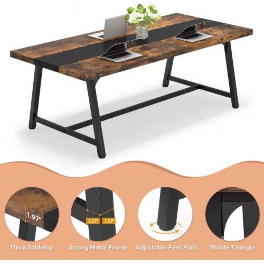 70.87 Modern Rectangular Conference Table 6 - 8 People, Office Executive Desk with Durable Metal Frame, Large Work Surface Boardroom Collaboration - Rustic Brown Black