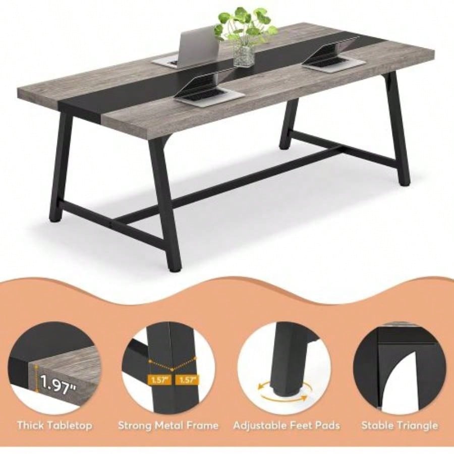 70.87 Modern Rectangular Conference Table 6 - 8 People, Office Executive Desk with Durable Metal Frame, Large Work Surface Boardroom Collaboration - Black