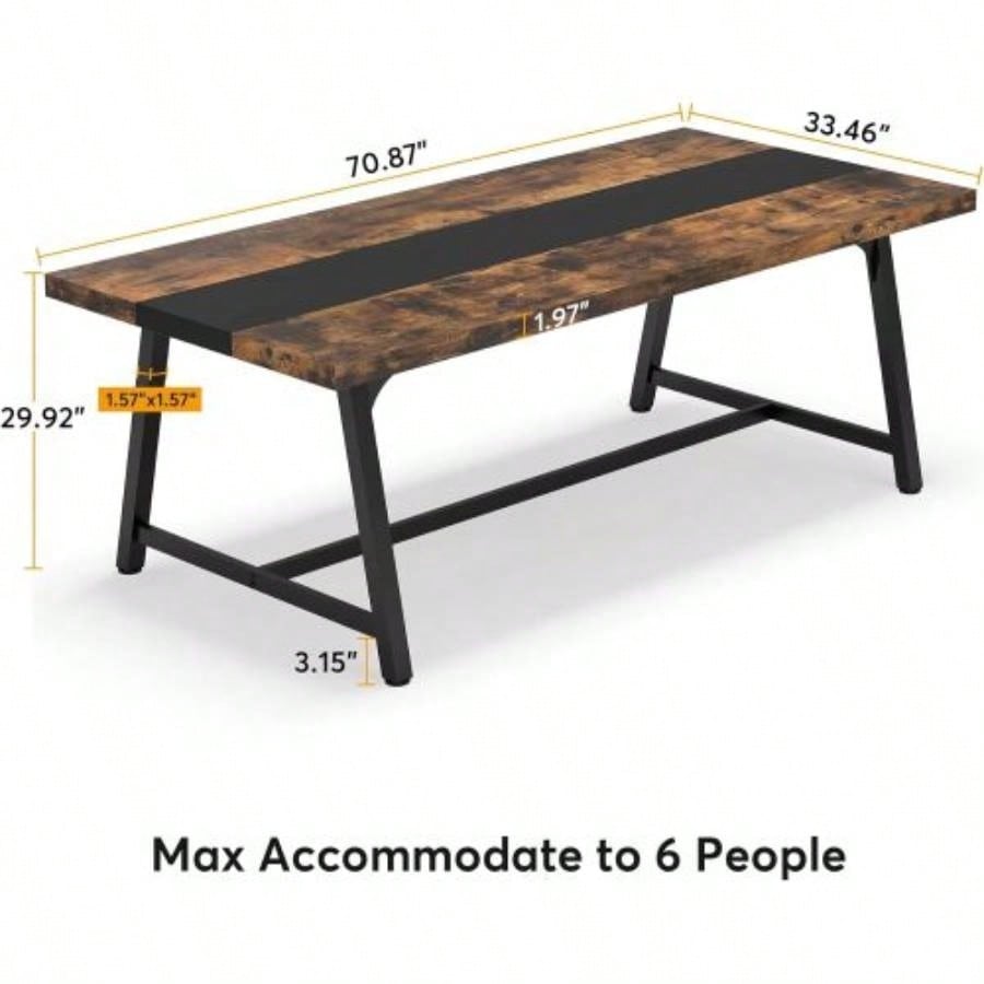 70.87 Modern Rectangular Conference Table 6 - 8 People, Office Executive Desk with Durable Metal Frame, Large Work Surface Boardroom Collaboration - Rustic Brown Black