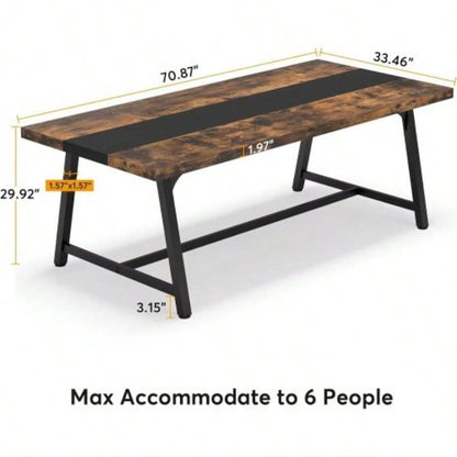 70.87 Modern Rectangular Conference Table 6 - 8 People, Office Executive Desk with Durable Metal Frame, Large Work Surface Boardroom Collaboration - Rustic Brown Black