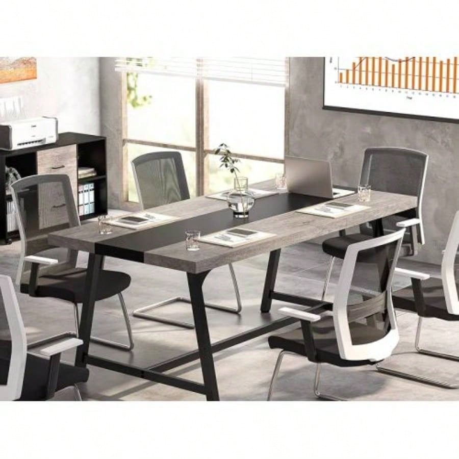 70.87 Modern Rectangular Conference Table 6 - 8 People, Office Executive Desk with Durable Metal Frame, Large Work Surface Boardroom Collaboration - Black