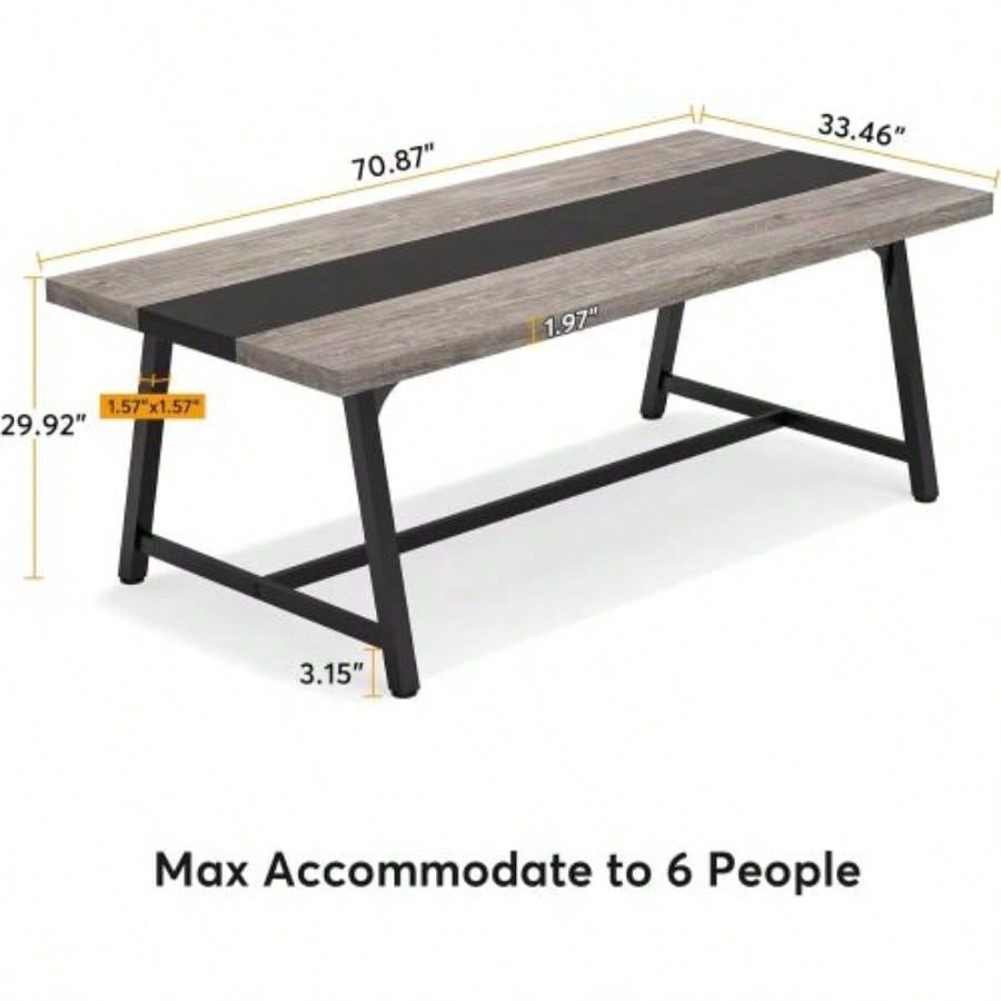 70.87 Modern Rectangular Conference Table 6 - 8 People, Office Executive Desk with Durable Metal Frame, Large Work Surface Boardroom Collaboration - Black