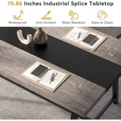 70.87 Modern Rectangular Conference Table 6 - 8 People, Office Executive Desk with Durable Metal Frame, Large Work Surface Boardroom Collaboration - Black