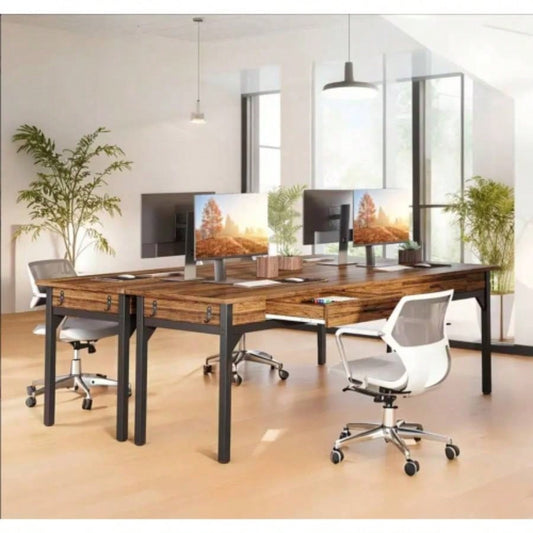 78. Long Double Office Desk Two, Rustic Brown Executive Computer Workstation with 2 Drawers and Hooks, Industrial Home Office Desk with Metal Frame Shared Workspace or Study