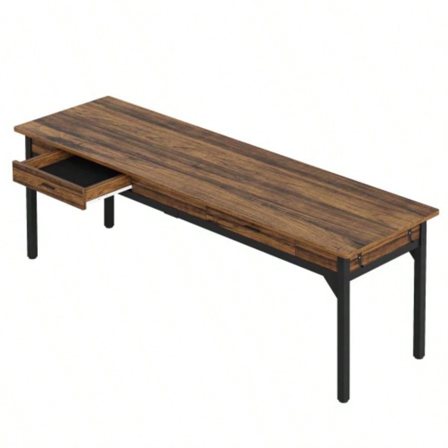 78. Long Double Office Desk Two, Rustic Brown Executive Computer Workstation with 2 Drawers and Hooks, Industrial Home Office Desk with Metal Frame Shared Workspace or Study