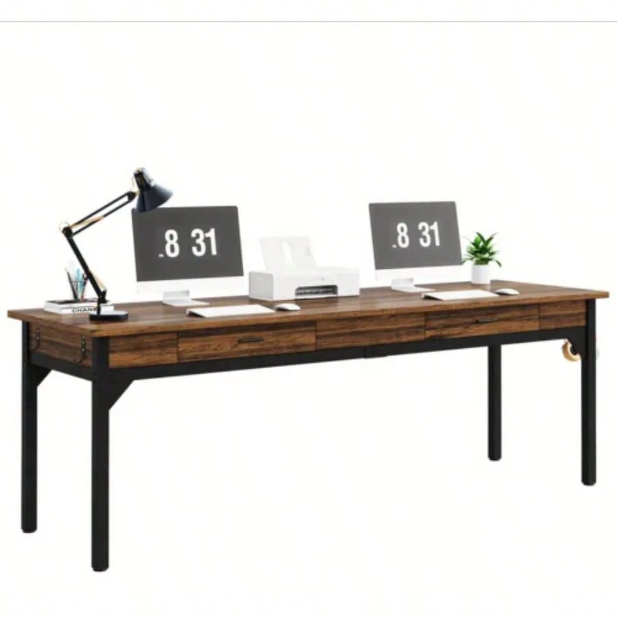78. Long Double Office Desk Two, Rustic Brown Executive Computer Workstation with 2 Drawers and Hooks, Industrial Home Office Desk with Metal Frame Shared Workspace or Study