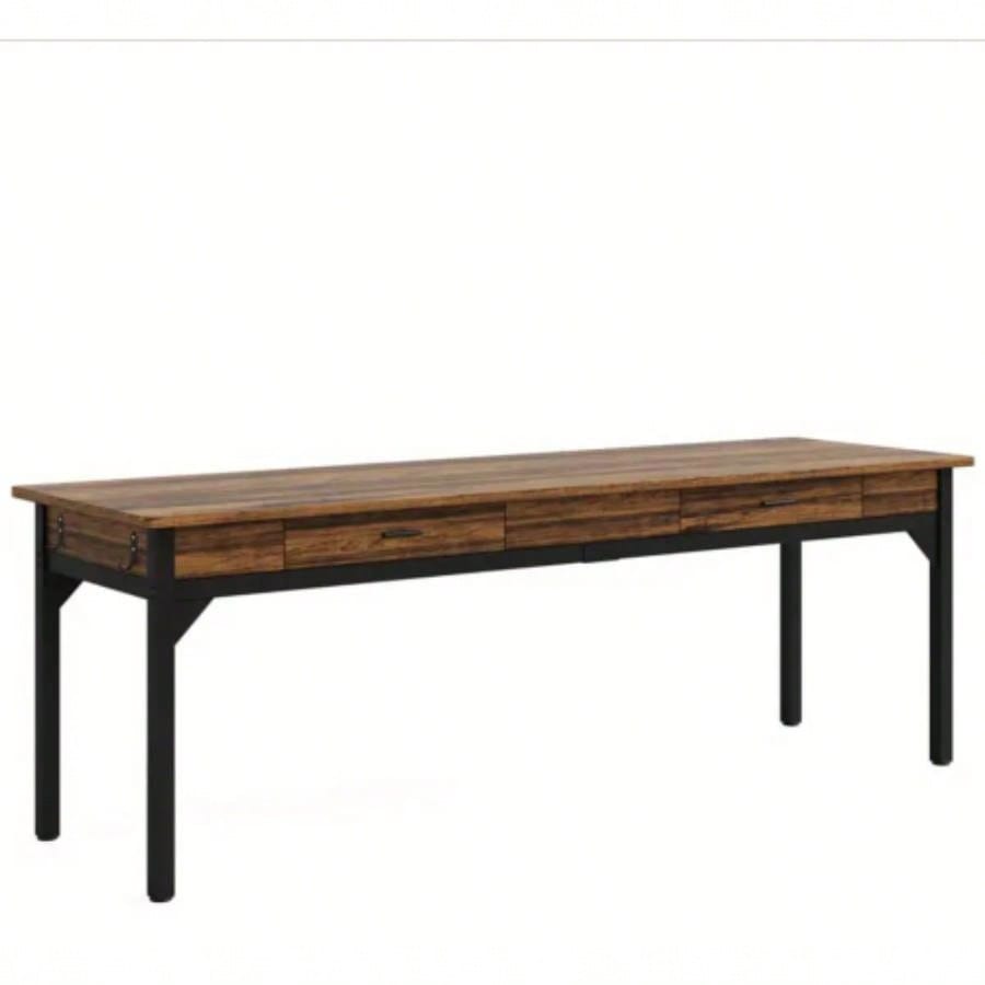 78. Long Double Office Desk Two, Rustic Brown Executive Computer Workstation with 2 Drawers and Hooks, Industrial Home Office Desk with Metal Frame Shared Workspace or Study