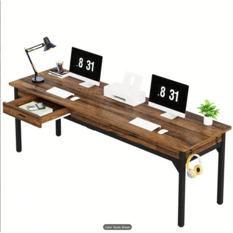78. Long Double Office Desk Two, Rustic Brown Executive Computer Workstation with 2 Drawers and Hooks, Industrial Home Office Desk with Metal Frame Shared Workspace or Study