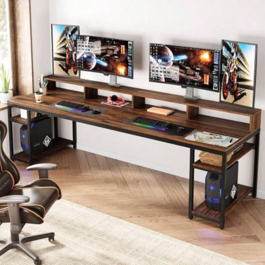 Two Person Desk with Monitor Stand, 78.74 Long Double Computer Office Desk with Storage Shelves, Large Gaming Study Writing Table Workstation Home Office Rustic Brown