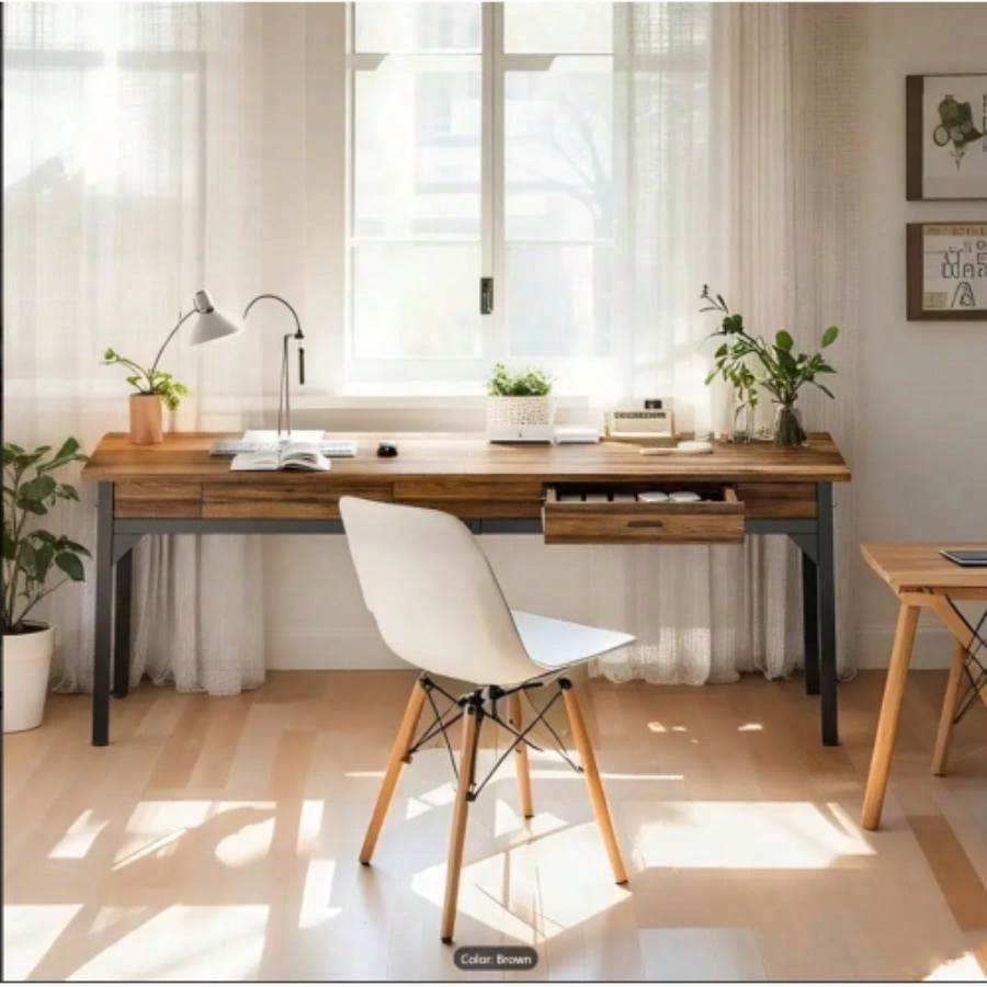 78. Long Double Office Desk Two, Rustic Brown Executive Computer Workstation with 2 Drawers and Hooks, Industrial Home Office Desk with Metal Frame Shared Workspace or Study