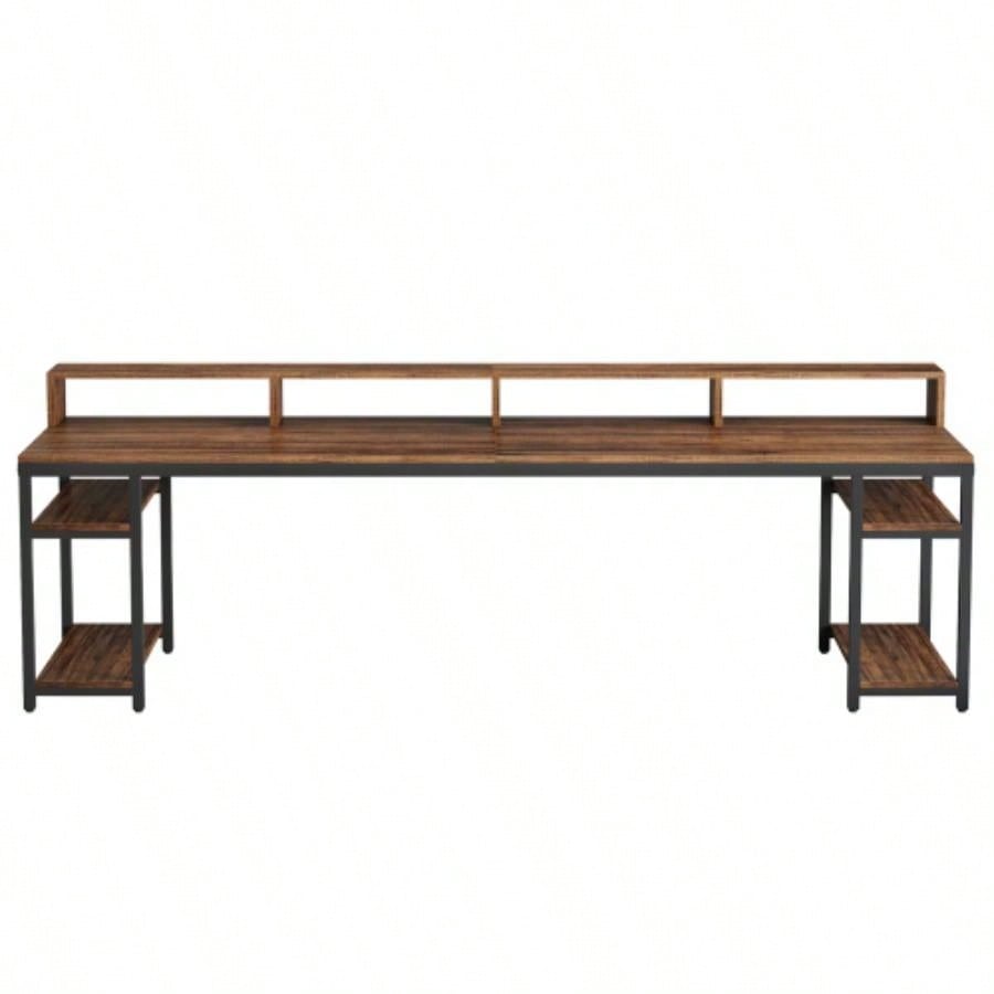Two Person Desk with Monitor Stand, 78.74 Long Double Computer Office Desk with Storage Shelves, Large Gaming Study Writing Table Workstation Home Office Rustic Brown