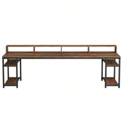 Two Person Desk with Monitor Stand, 78.74 Long Double Computer Office Desk with Storage Shelves, Large Gaming Study Writing Table Workstation Home Office Rustic Brown