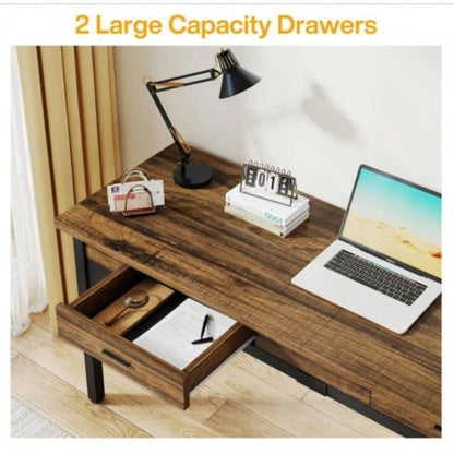 78. Long Double Office Desk Two, Rustic Brown Executive Computer Workstation with 2 Drawers and Hooks, Industrial Home Office Desk with Metal Frame Shared Workspace or Study