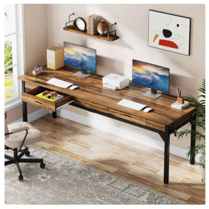 78. Long Double Office Desk Two, Rustic Brown Executive Computer Workstation with 2 Drawers and Hooks, Industrial Home Office Desk with Metal Frame Shared Workspace or Study