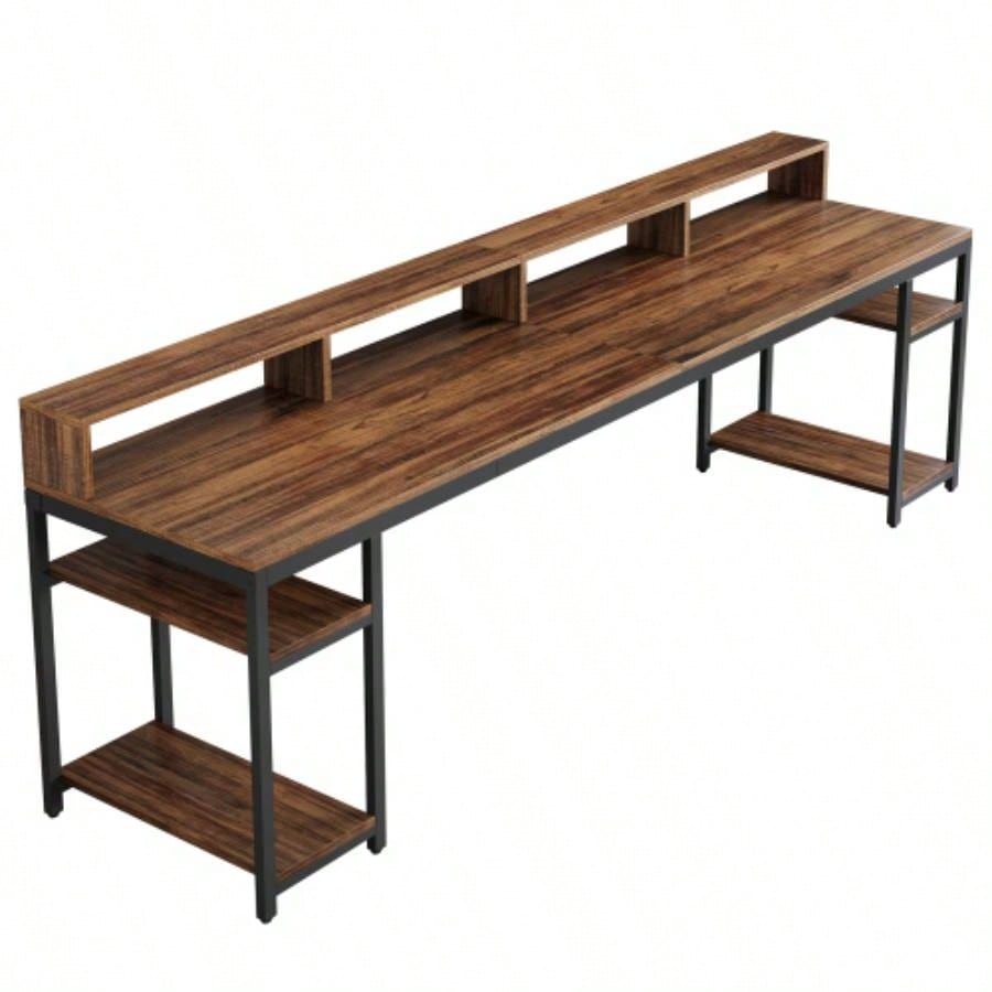 Two Person Desk with Monitor Stand, 78.74 Long Double Computer Office Desk with Storage Shelves, Large Gaming Study Writing Table Workstation Home Office Rustic Brown