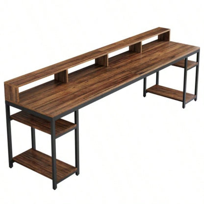 Two Person Desk with Monitor Stand, 78.74 Long Double Computer Office Desk with Storage Shelves, Large Gaming Study Writing Table Workstation Home Office Rustic Brown