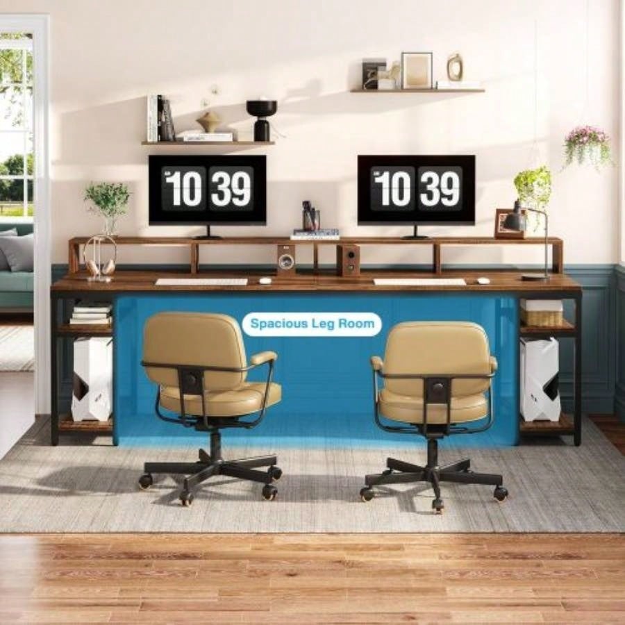Two Person Desk with Monitor Stand, 78.74 Long Double Computer Office Desk with Storage Shelves, Large Gaming Study Writing Table Workstation Home Office Rustic Brown
