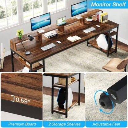 Two Person Desk with Monitor Stand, 78.74 Long Double Computer Office Desk with Storage Shelves, Large Gaming Study Writing Table Workstation Home Office Rustic Brown