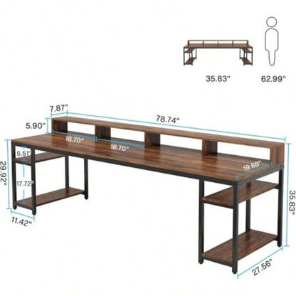 Two Person Desk with Monitor Stand, 78.74 Long Double Computer Office Desk with Storage Shelves, Large Gaming Study Writing Table Workstation Home Office Rustic Brown
