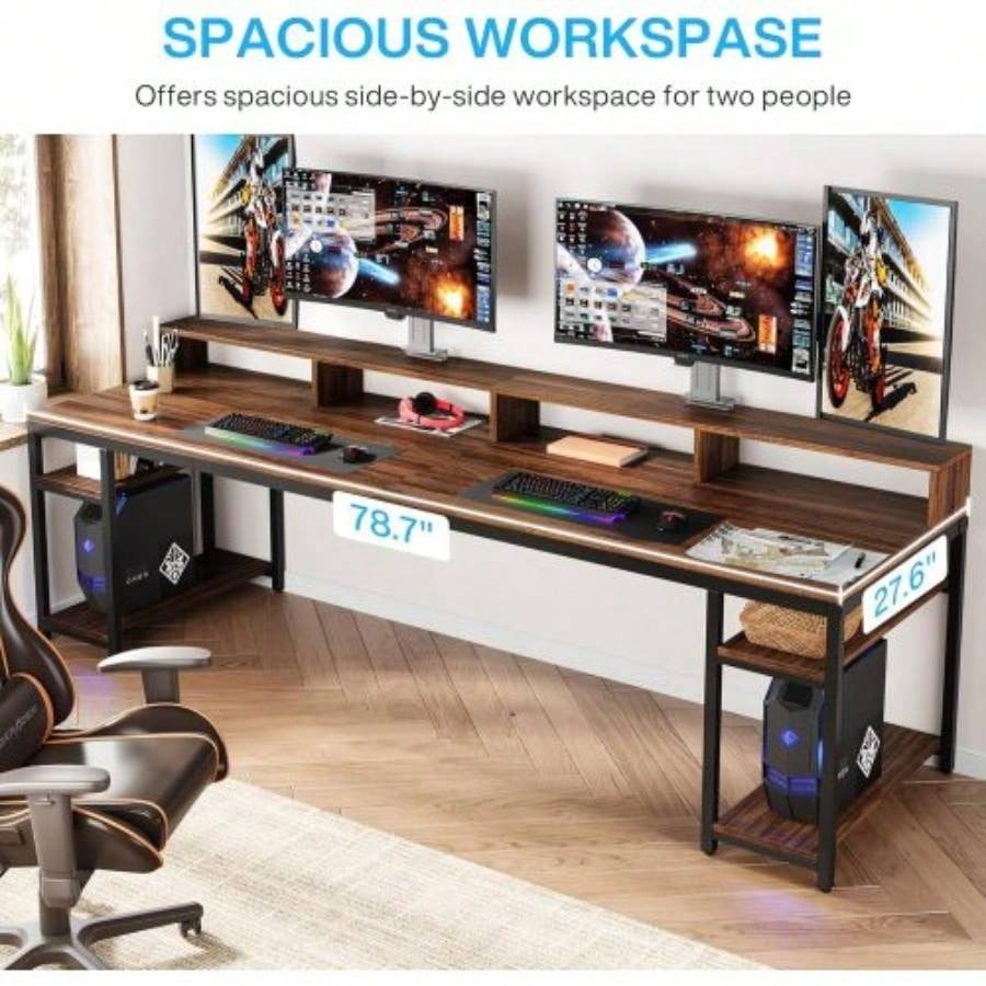 Two Person Desk with Monitor Stand, 78.74 Long Double Computer Office Desk with Storage Shelves, Large Gaming Study Writing Table Workstation Home Office Rustic Brown
