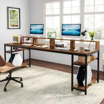 Two Person Desk with Monitor Stand, 78.74 Long Double Computer Office Desk with Storage Shelves, Large Gaming Study Writing Table Workstation Home Office Rustic Brown