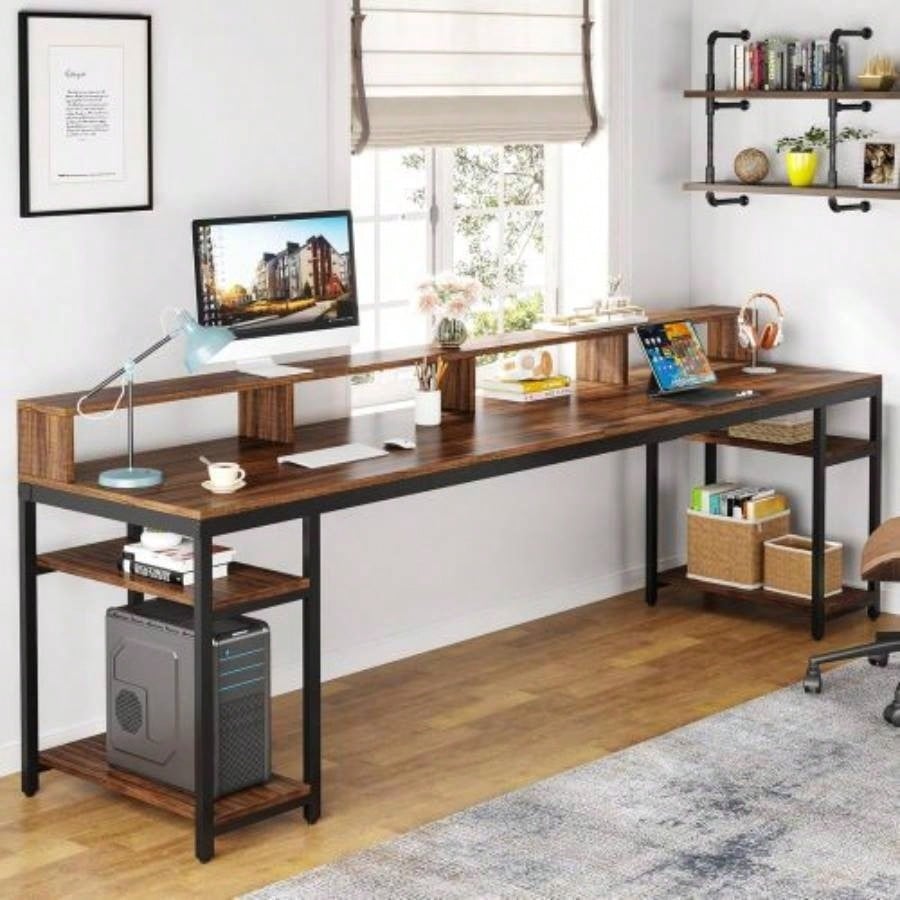 78 Two - Person Desk, Long Double Computer Office Workstation with Stylish X - Industrial Home Office Table 2, Rustic Brown