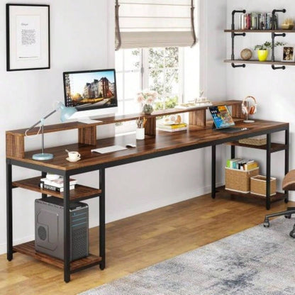 78 Two - Person Desk, Long Double Computer Office Workstation with Stylish X - Industrial Home Office Table 2, Rustic Brown