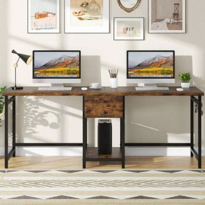 79 - Inch Two Person Computer Desk with Drawers and Storage Shelves, Long Double Workstation Table with Hooks, Industrial Writing Desk Home Office, Rustic Brown