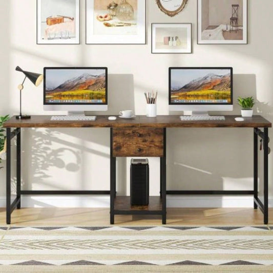 79 - Inch Two Person Computer Desk with Drawers and Storage Shelves, Long Double Workstation Table with Hooks, Industrial Writing Desk Home Office, Rustic Brown