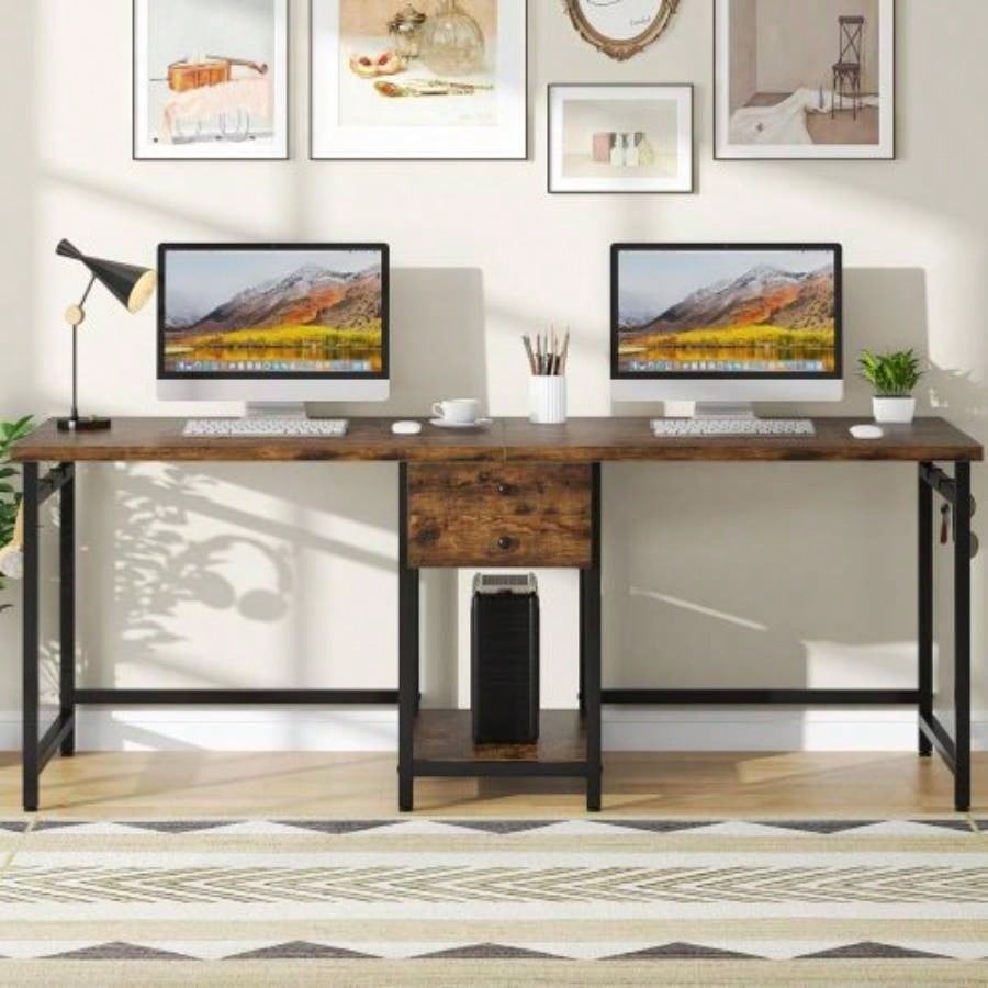 79 - Inch Two Person Computer Desk with Drawers and Storage Shelves, Long Double Workstation Table with Hooks, Industrial Writing Desk Home Office, White