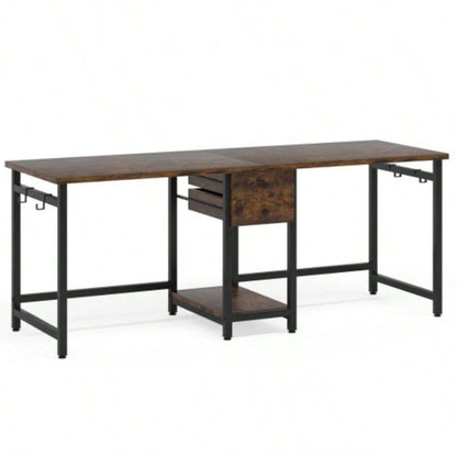 79 - Inch Two Person Computer Desk with Drawers and Storage Shelves, Long Double Workstation Table with Hooks, Industrial Writing Desk Home Office, Rustic Brown