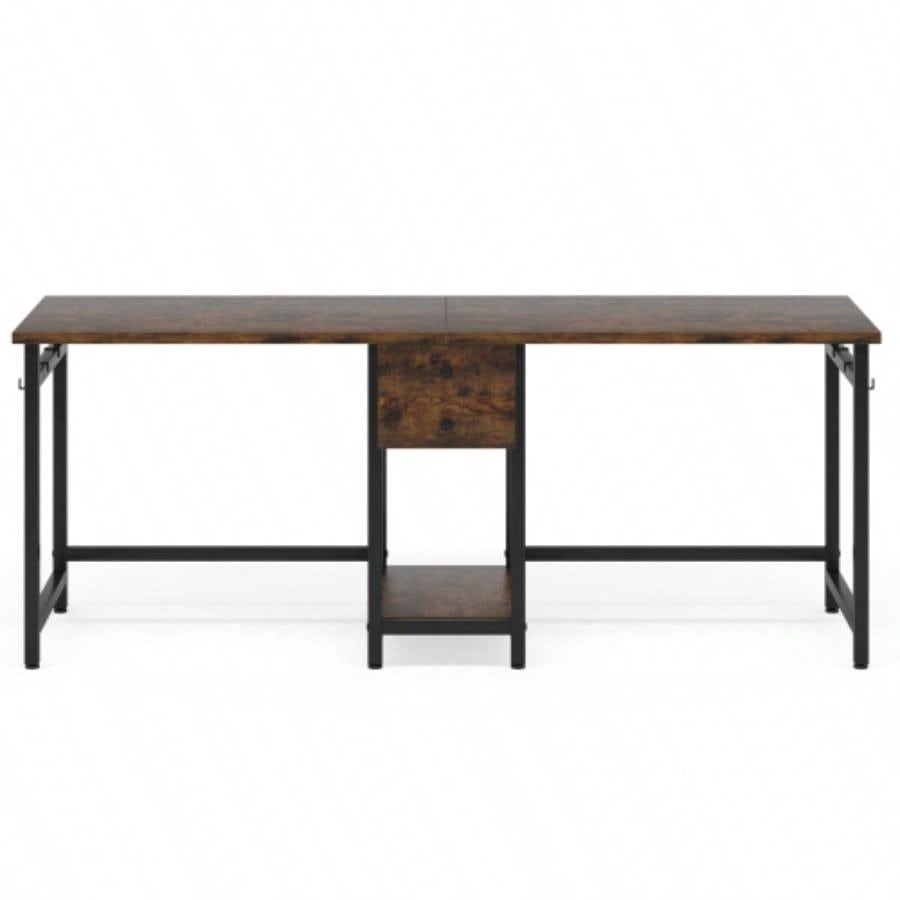 79 - Inch Two Person Computer Desk with Drawers and Storage Shelves, Long Double Workstation Table with Hooks, Industrial Writing Desk Home Office, Rustic Brown