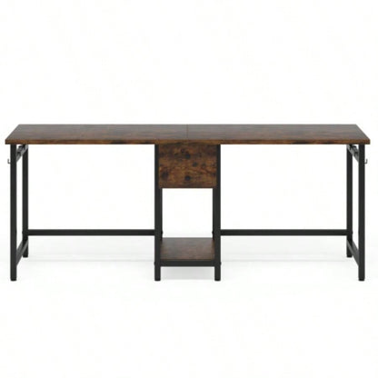 79 - Inch Two Person Computer Desk with Drawers and Storage Shelves, Long Double Workstation Table with Hooks, Industrial Writing Desk Home Office, Rustic Brown