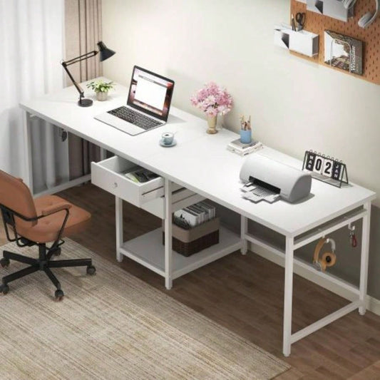 79 - Inch Two Person Computer Desk with Drawers and Storage Shelves, Long Double Workstation Table with Hooks, Industrial Writing Desk Home Office, White