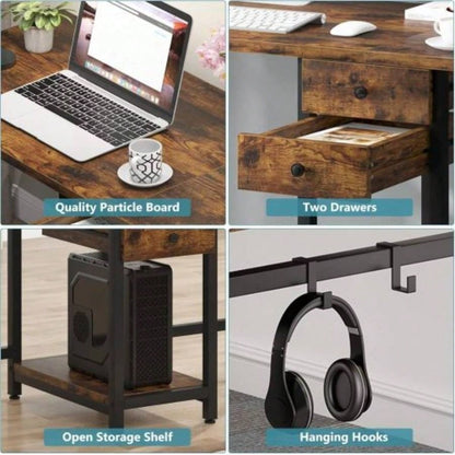 79 - Inch Two Person Computer Desk with Drawers and Storage Shelves, Long Double Workstation Table with Hooks, Industrial Writing Desk Home Office, Rustic Brown