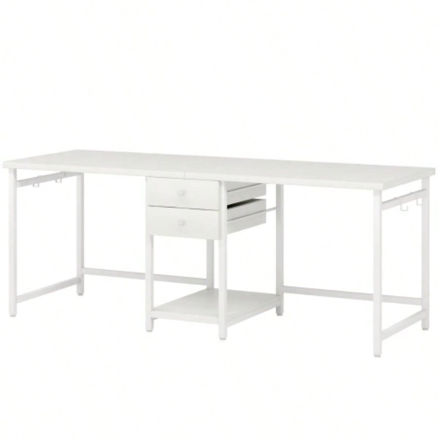 79 - Inch Two Person Computer Desk with Drawers and Storage Shelves, Long Double Workstation Table with Hooks, Industrial Writing Desk Home Office, White